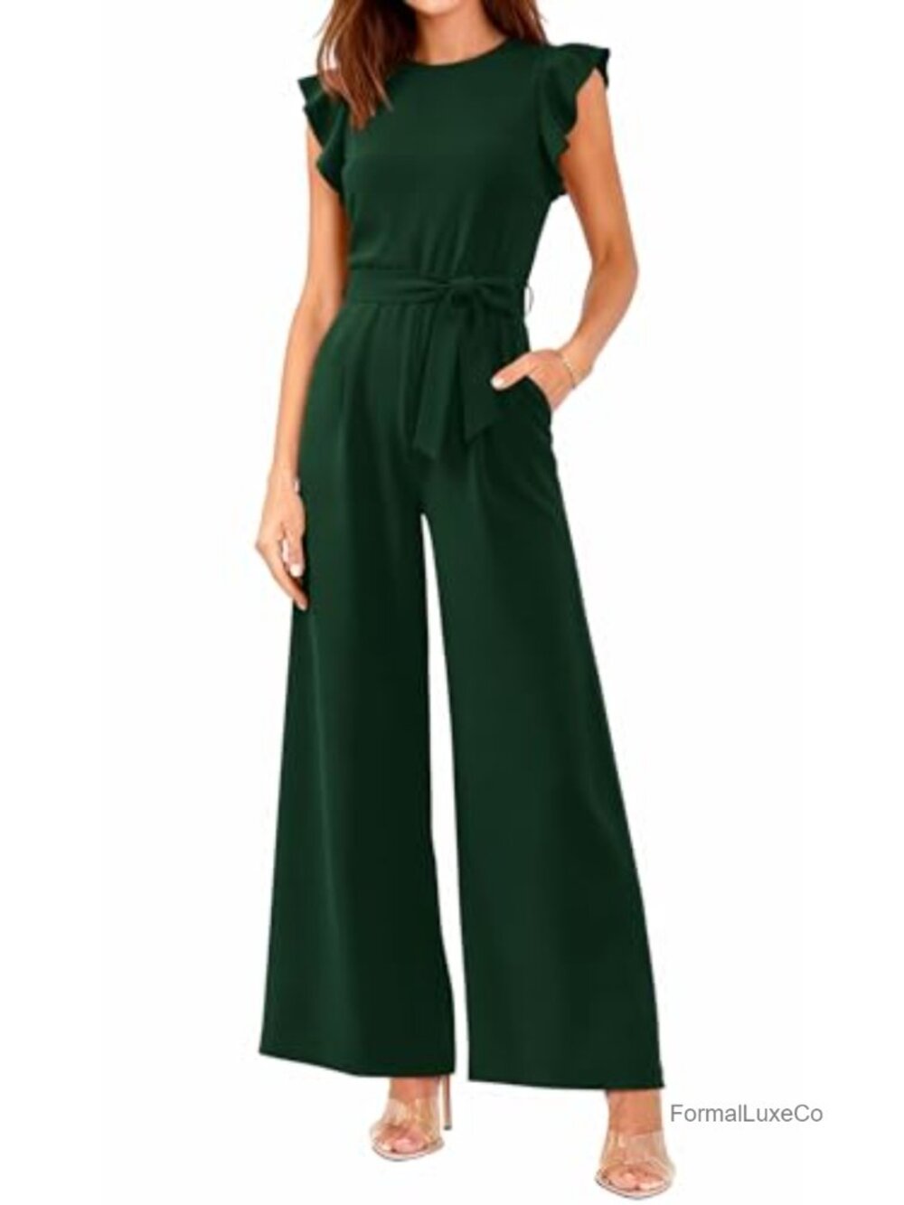 Dressy Jumpsuit for Women Wide Leg Ruffle Cap Sleeve Belted One Piece